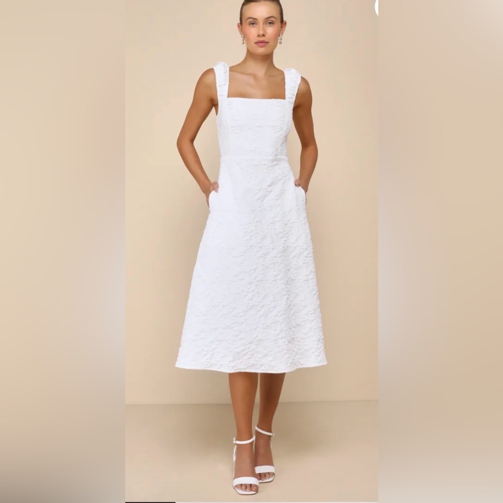 Lulus Springtime Aura White Jacquard Lace-Up Midi Dress with Pockets, size M